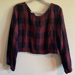 Cloth & Stone Bell Sleeve Tie-Back Top Women’s Buffalo Check Plaid Red Navy